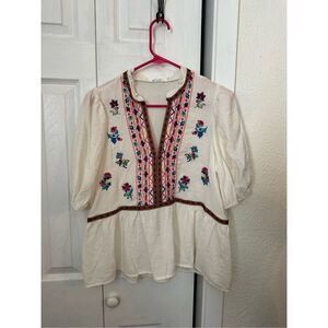 Blu Pepper Women's Embroidered Floral Tunic Top White Size Medium